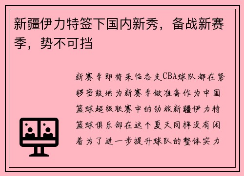 新疆伊力特签下国内新秀，备战新赛季，势不可挡